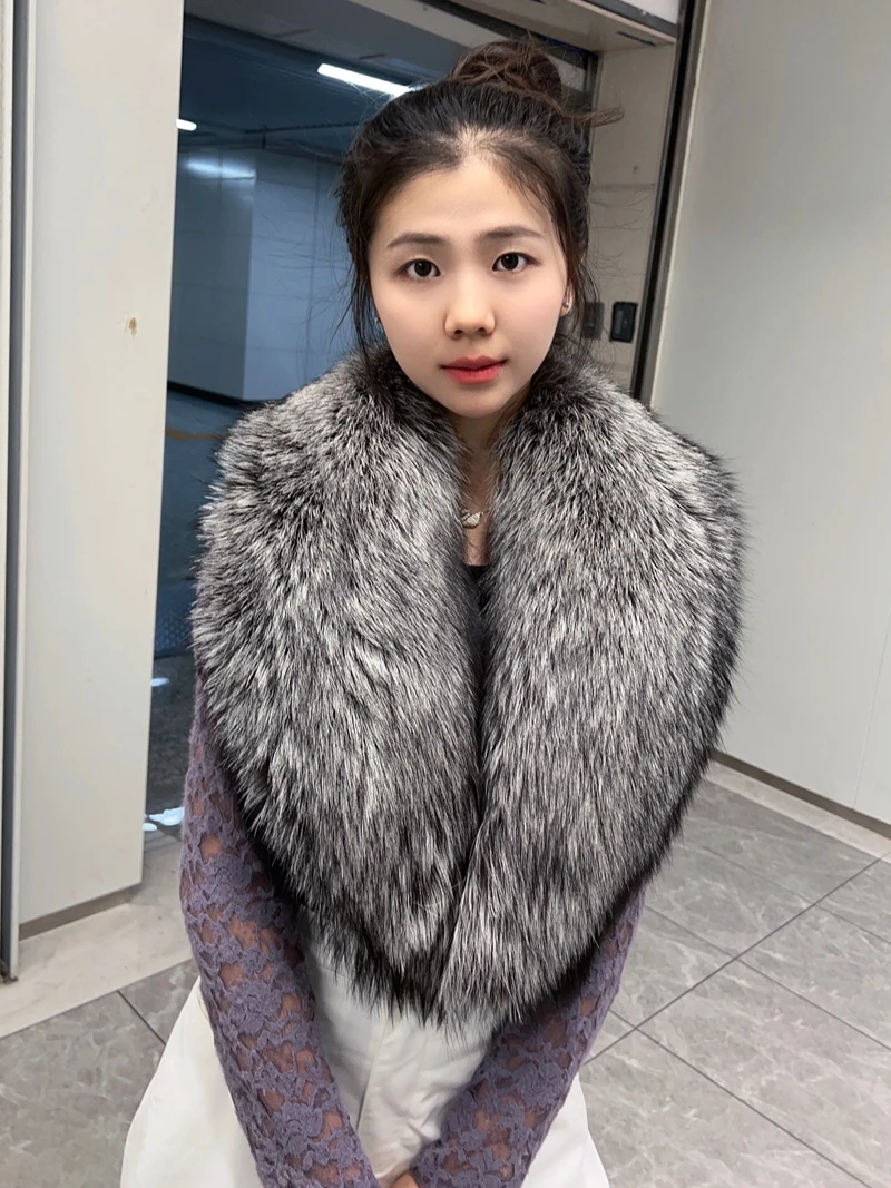 

100CM Genuine Women Natural Real Fox Fur Scarf Collar Winter Neck Keep Warm Silver Fox Shawl Wraps Luxury Fox Fur Scarves Female