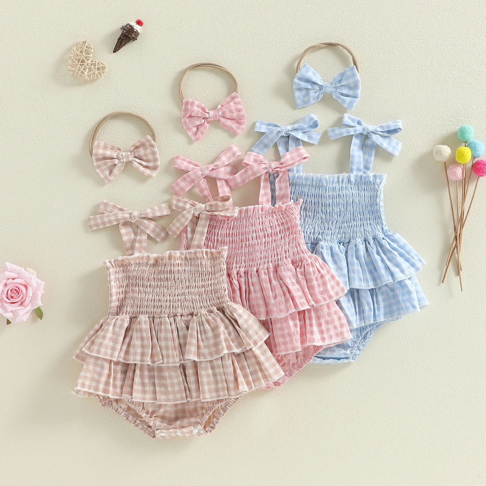 Summer Infant Baby Girls Outfits Sleeveless Plaid Ruffled Layers Bodysuit Dress Bow Headband Cute Clothes