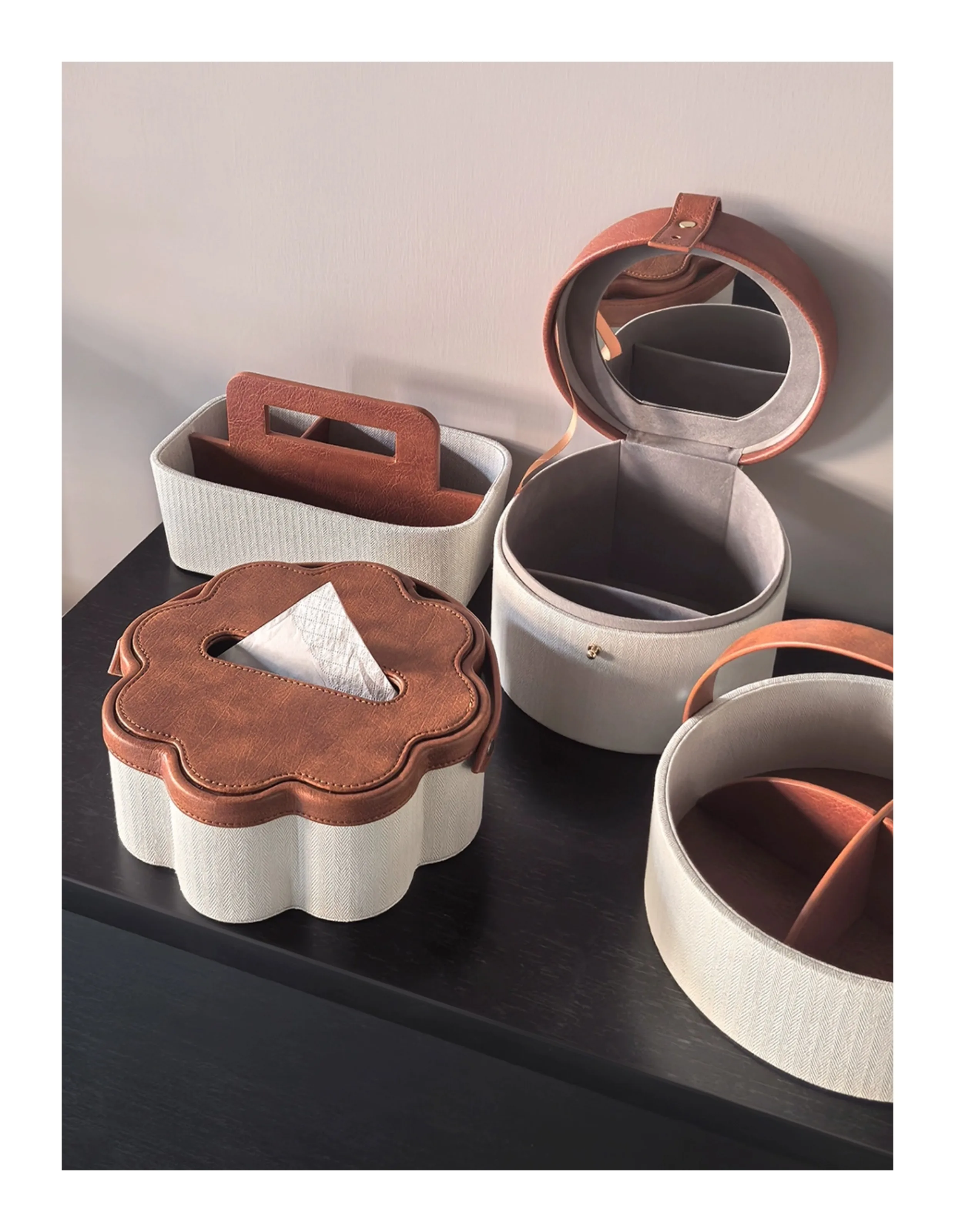 Brown Embossed Leather Storage Box Elegant Bedroom Organizer for Cosmetics & Sundries