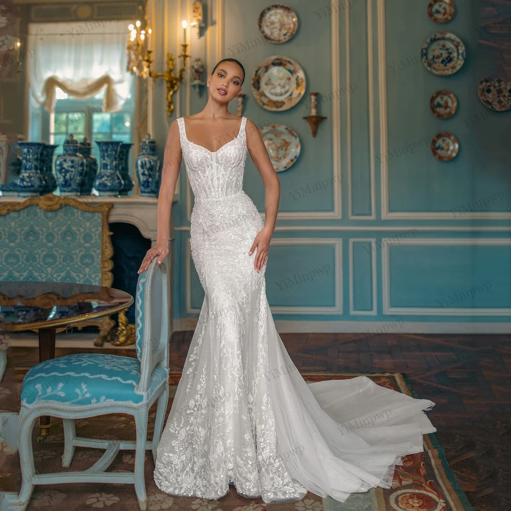 Vestidos De novia De sirena con tirantes finos con tren desmontable Vestido De novia De lujo Sereia bata con cuentas Mariage personalizado