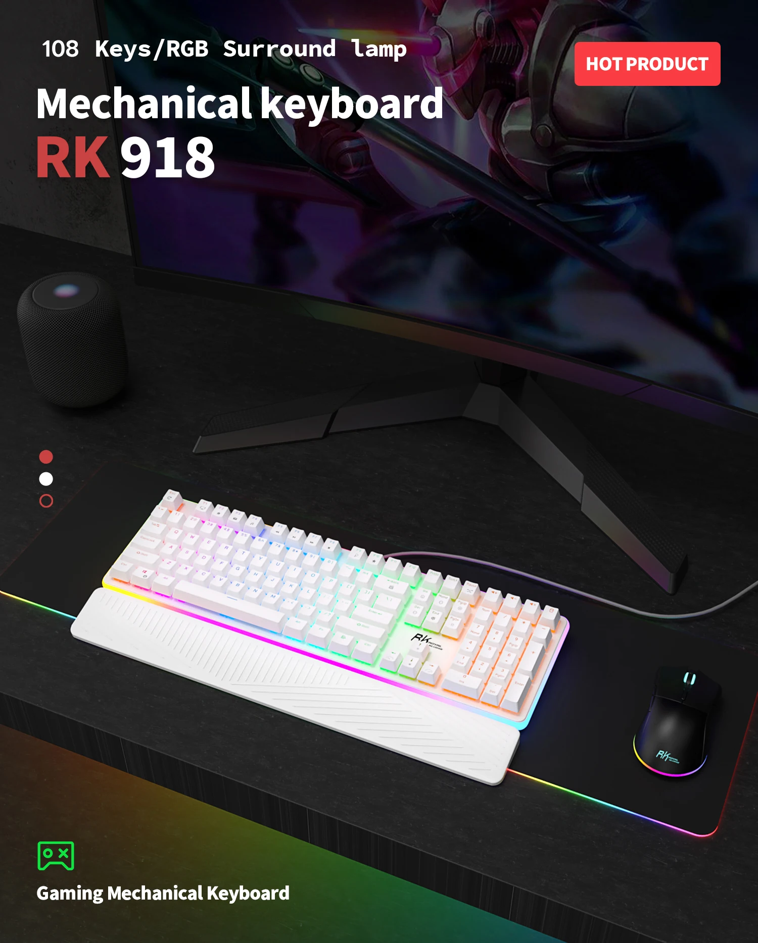 ROYAL KLUDGE RK918 Wired Mechanical Keyboard Gaming 108 Keys RGB Backlight Anti-Ghosting with Large LED Sorrounding Side Lamp