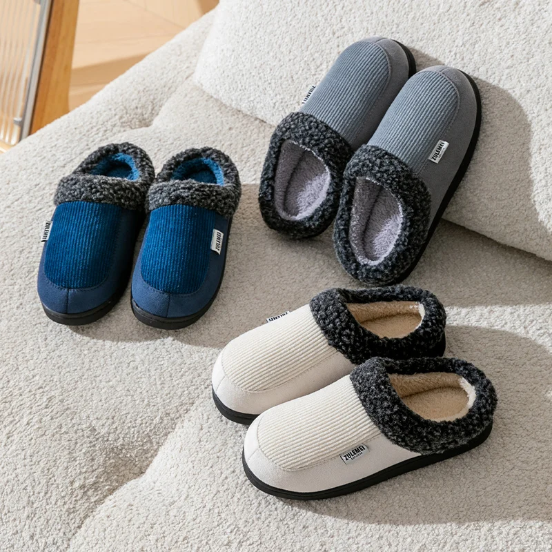 Grote Katoenen Katoenen Schoenen Winter Casual Warm Pluche Heren Speciale Indoor Dikker Slippers Antislip Streep Slippers