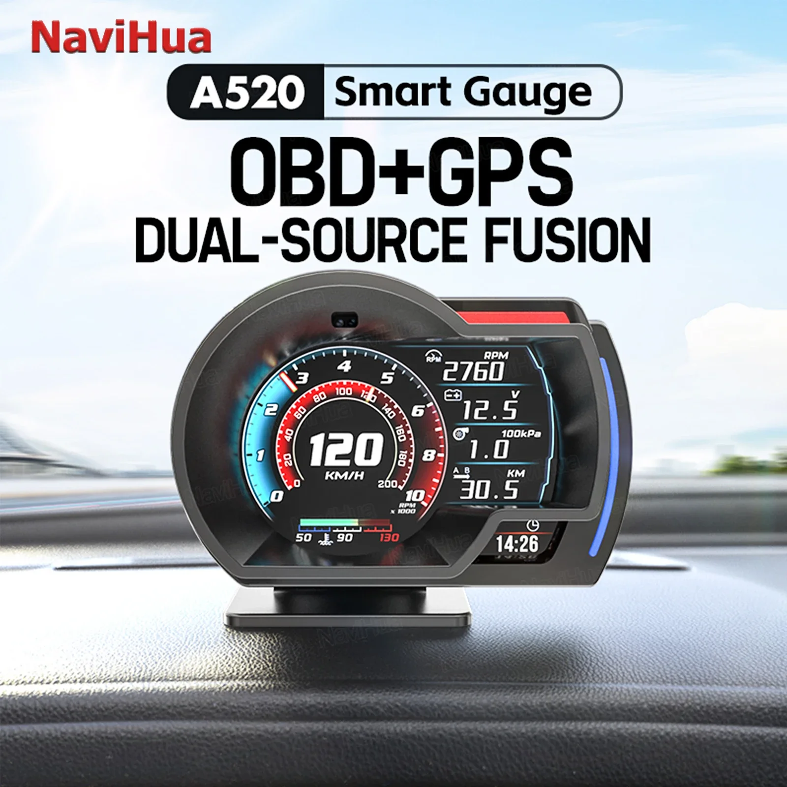 

Новейший автомобильный проекционный дисплей A520 OBD2 Smart Car HUD Turbo Gauge Цифровой одометр Охранная сигнализация Температура воды и масла Об/мин Автоматический счетчик