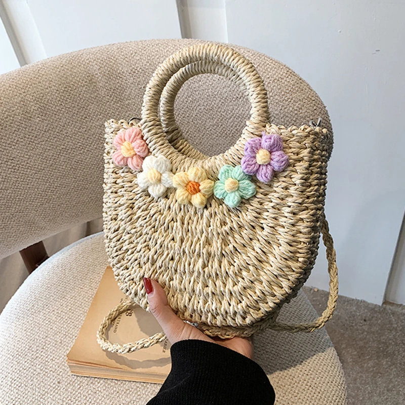 Straw Woven Handbags For Women Handmade Travel Seaside Beach Bag Summer New Handle Bucket Bag Basket Bolsa