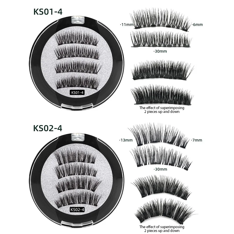 4 Magnets 3D Magnetic False Eyelashes Handmade Faux Cils Glue-free Magnetic Natural Mink Eyelashes with Tweezers