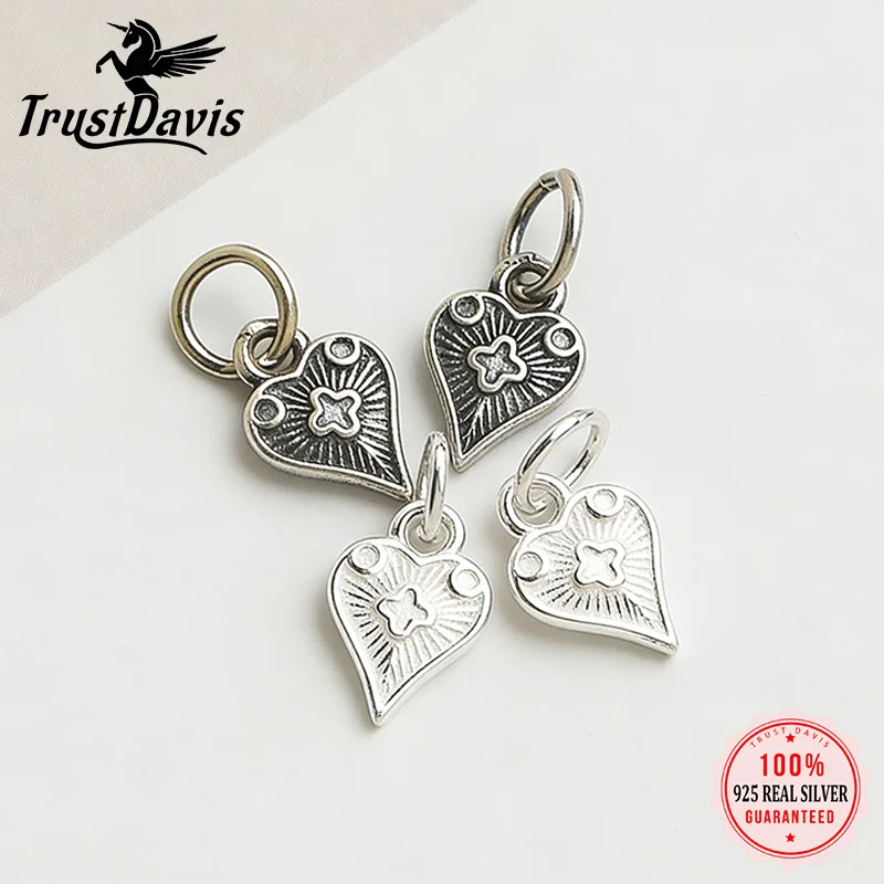 TrustDavis 925 Sterling Silver Vintage Four Leaf Clover Heart Charm Pendant Artisan DIY Craft Beads Textured HandmadeDZ1877