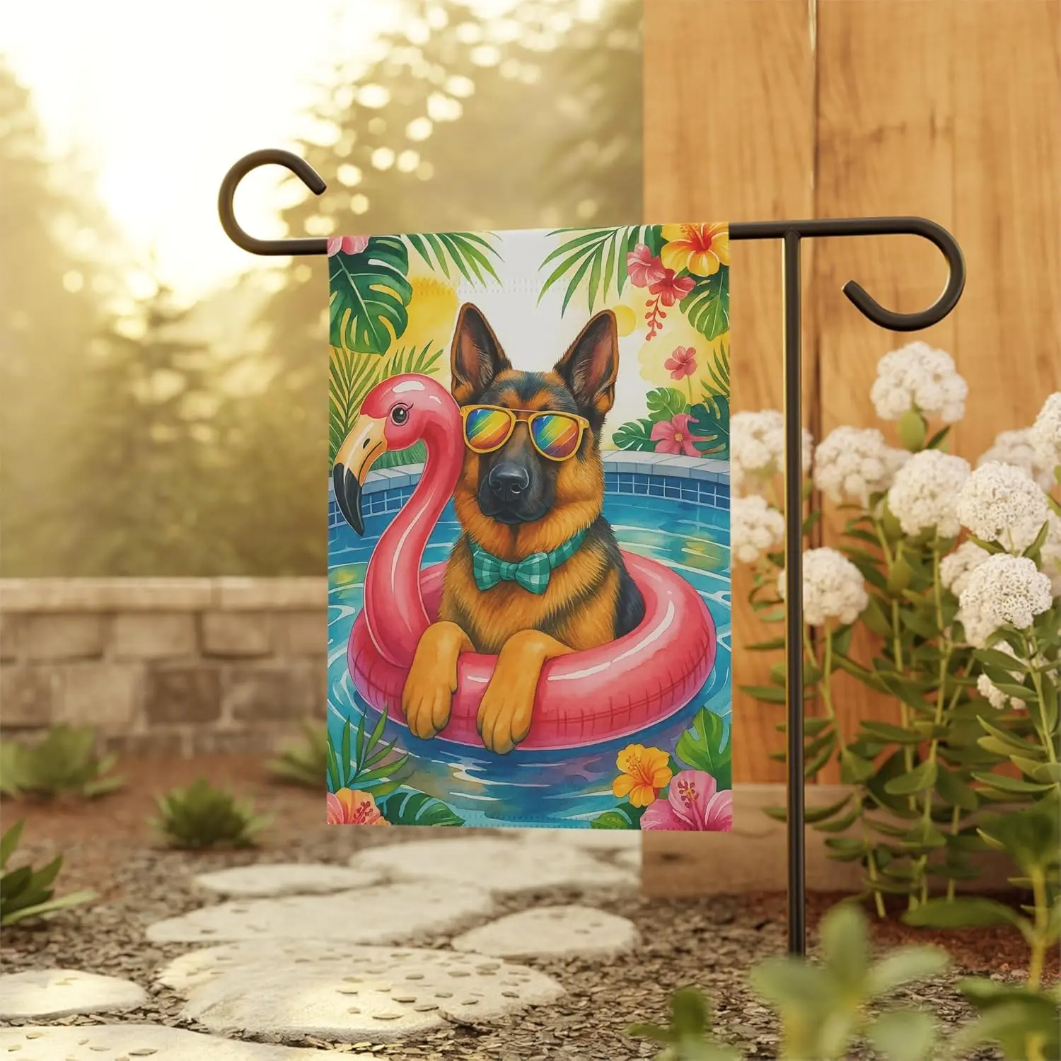 PUDDINFLAGS Garden Flag, German Shepherd Dog Yard Decor, Hello Summer Pool Party,Outdoor Housewarming New Home Flamingo Deco hhz