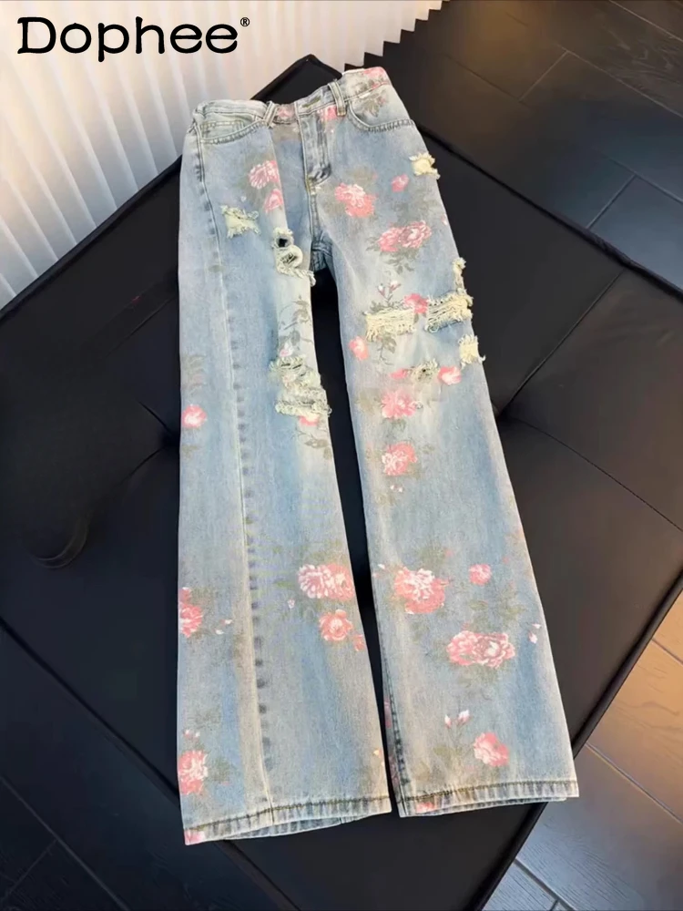 

Fashion High Street Flower Hole Jeans Men's 2026 Summer New Thin Handsome High-end Denim Pants Straight Micro-flared Denim Pants