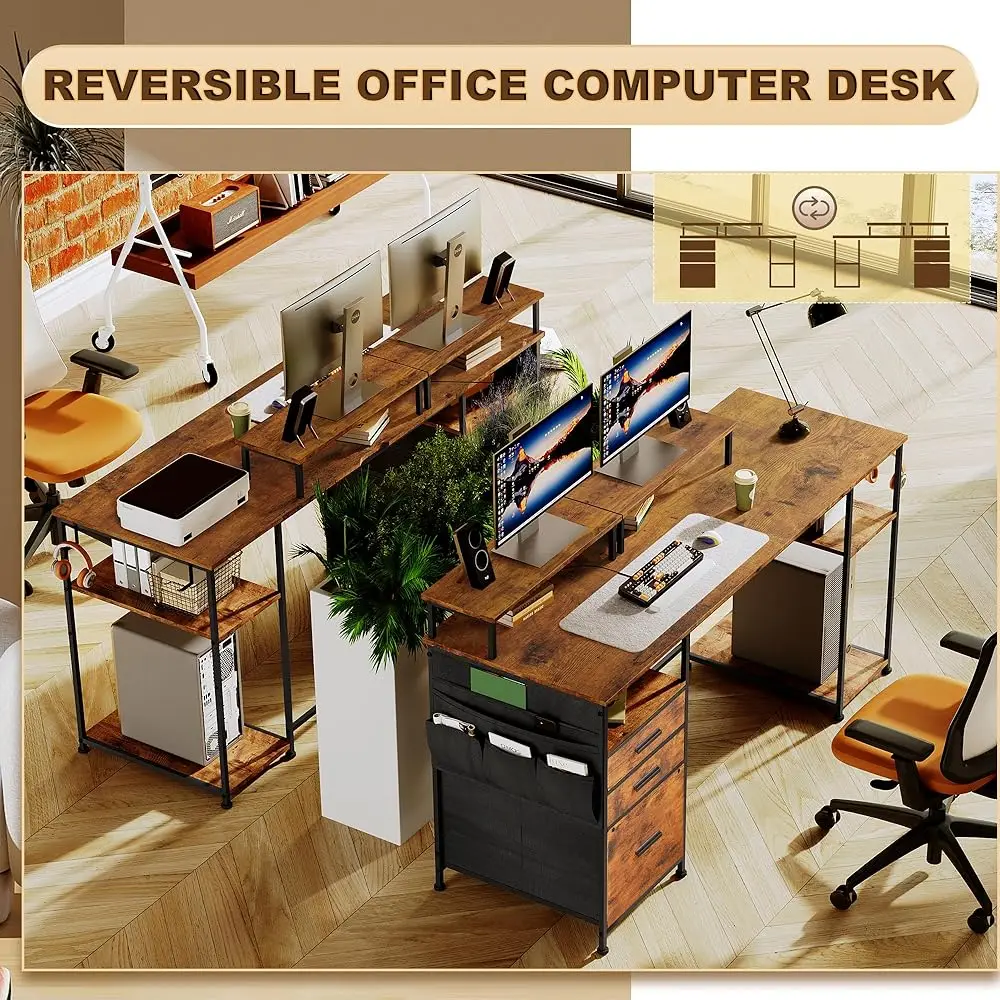 Computer Desk With 3 File Cabinet Drawers, 57.8'' Reversible Gaming Desk, Office Desk With Storage Shelves And Dual Monitor