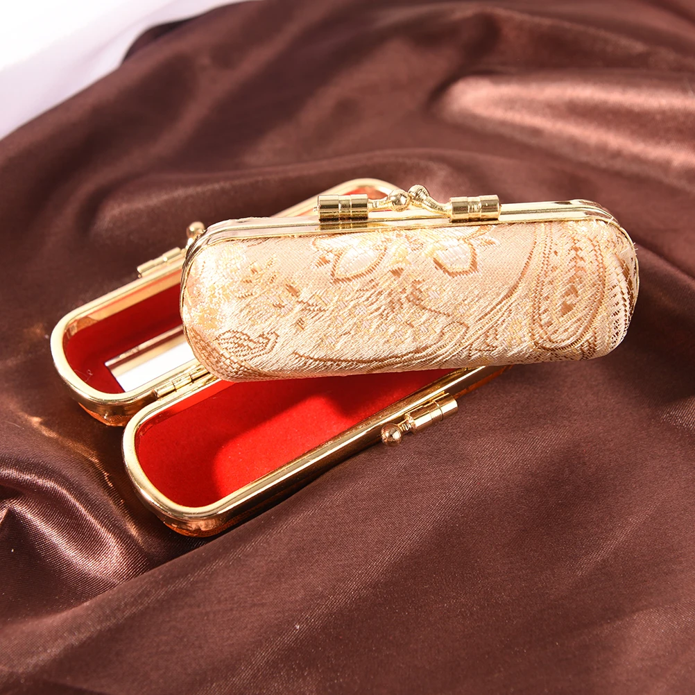 Portable Mini Makeup Silk Box Retro Flower Design Iron Clip Lipstick Case Holder With Mirror Ring Necklace Earring Storage
