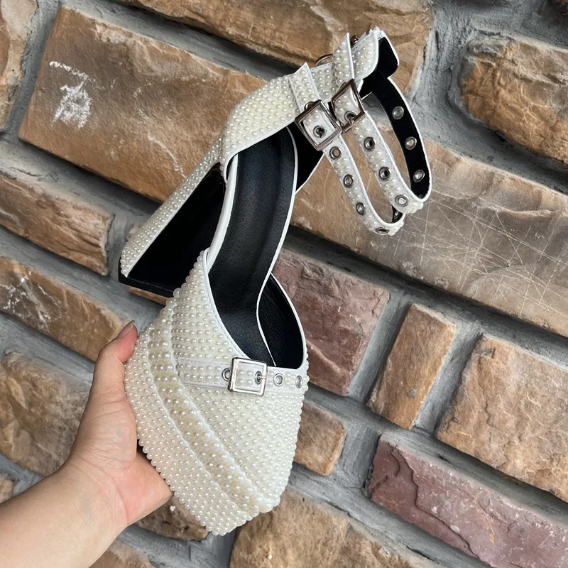 2024 sandali a punta con tacco spesso 14cm fatti a mano con perline 35-41 scarpe da donna con plateau impermeabile con tacco alto abito da sposa