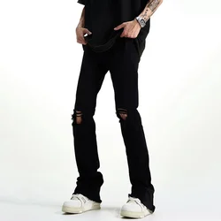 Pantalones vaqueros góticos de calle de estilo moderno a la moda para hombre, pantalones vaqueros rasgados rectos de uso diario para hombre, pantalones vaqueros informales ajustados con parte inferior acampanada