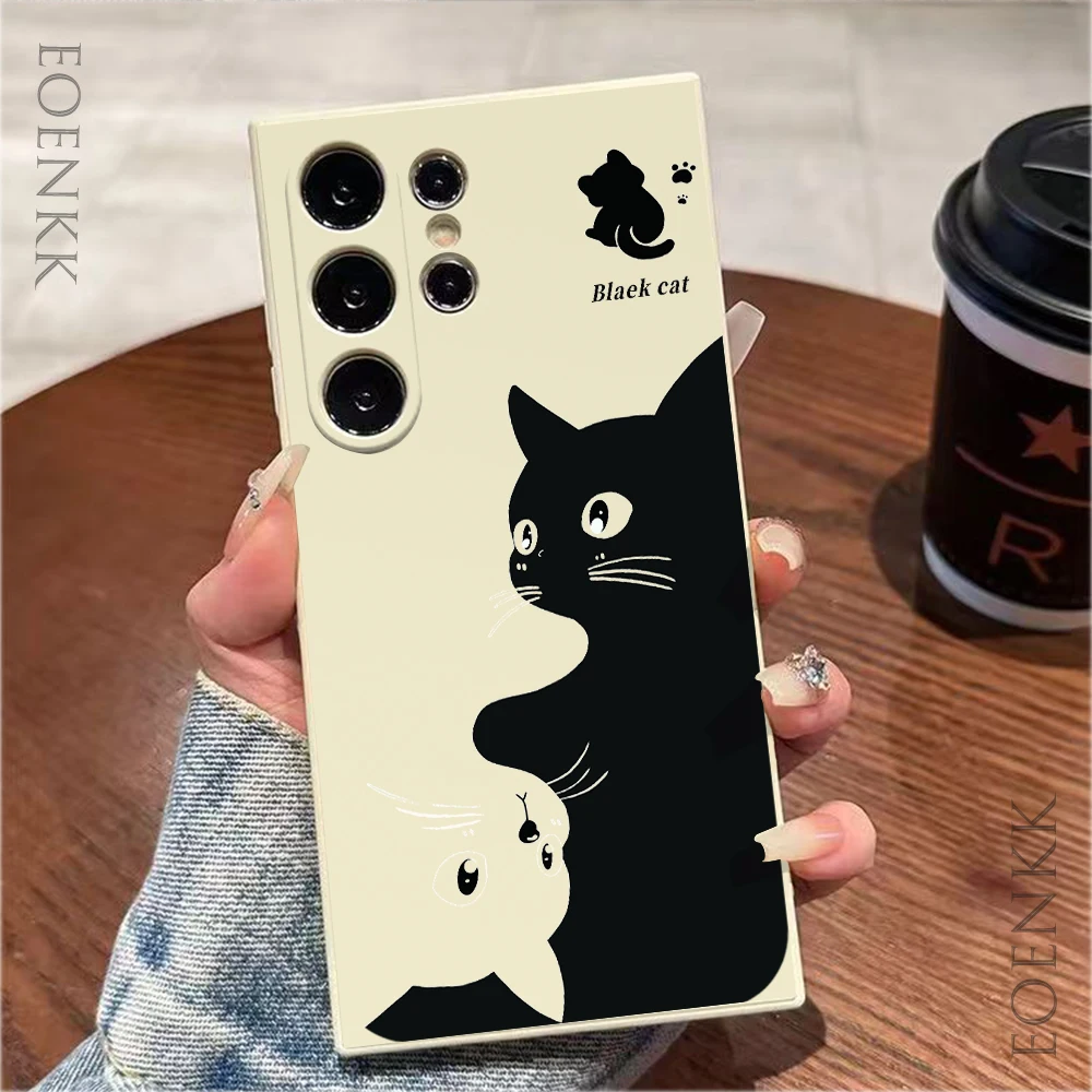 Cute Cartoon Black Cat Phone Case For Samsung Galaxy S25 S24 S23 S22 S21 S20 Ultra Plus FE A15 A30 A20 A53 A71 A72 5G Soft Cover