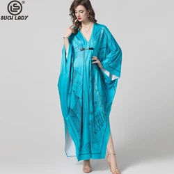 Women's Robes Sexy V Neck Batwing Sleeves Printed Loose Design Elegant Fashion Casul Long Dress Outerwear