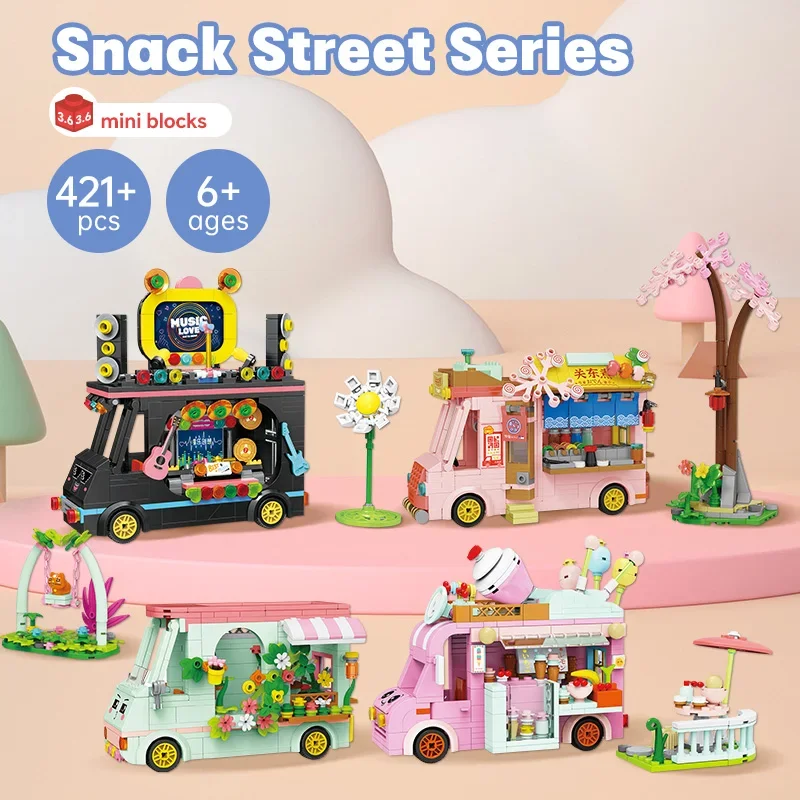 Mini Building Blocks Sets Adults Car Building Block Model Street Food Stall Block Assembling Diy Kit Toy Children Christmas Gift