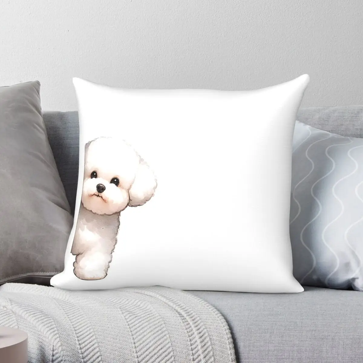 Peeking Bichon Frise White Square Pillowcase Polyester Linen Velvet Creative Zip Decor Home Cushion Case