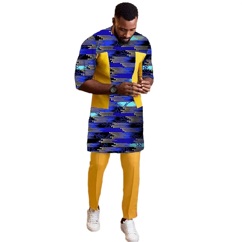 African Couture Men's Patchwork Shirt And Yellow Pants Set Half Sleeve Nigerian Print Male Groom Suit Party Wears