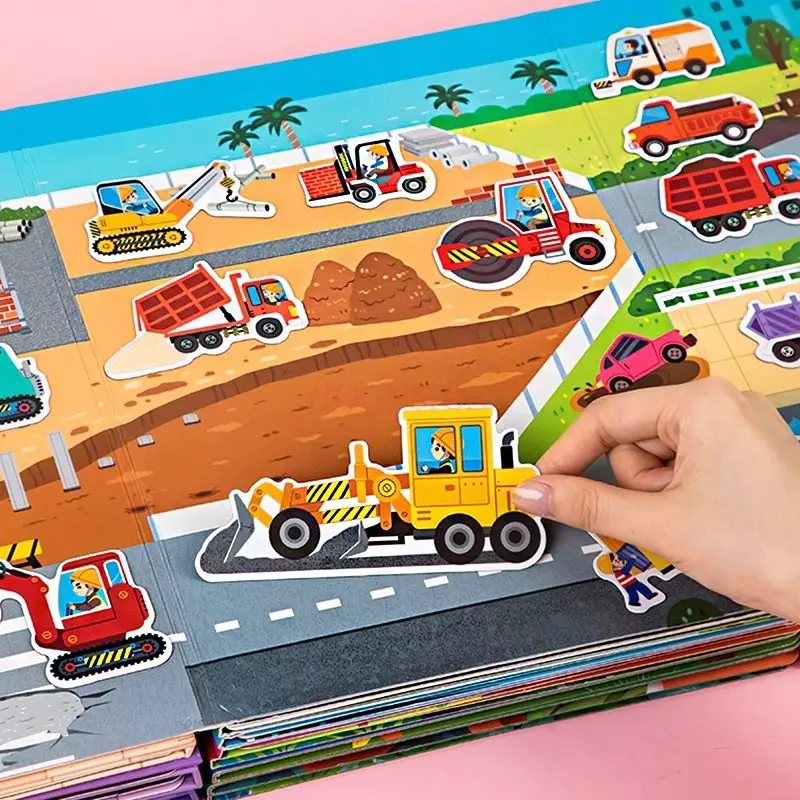 1book Excavator Magnetic Sticker Boy Car Quiet Book Magnetic Magnet Quiet Book 3-6 Year Old Sticker Book Children's Toy