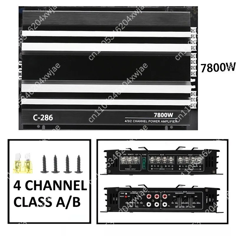 C-286 4 Channel Car Amplifier 7800W AB Class Aluminum Alloy 12V High Power Stereo Amp for Truck Boat UTV Audio Upgrade