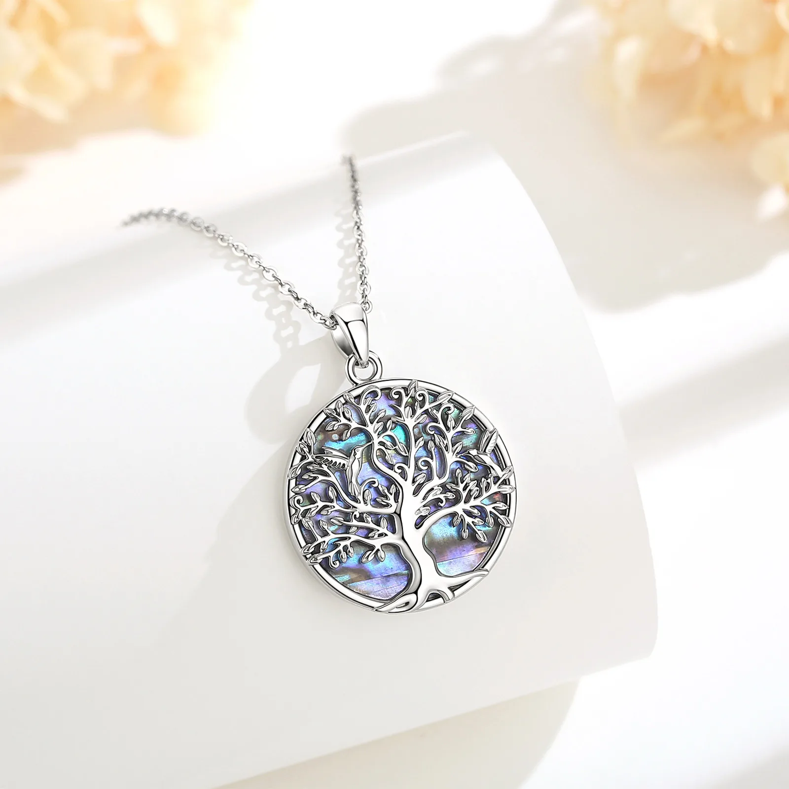 AEONSLOVE Hummingbird Tree of Life Necklace Round Abalone Shell Pendant Amulet Spiritual Jewelry Birthday Party Gift for Women