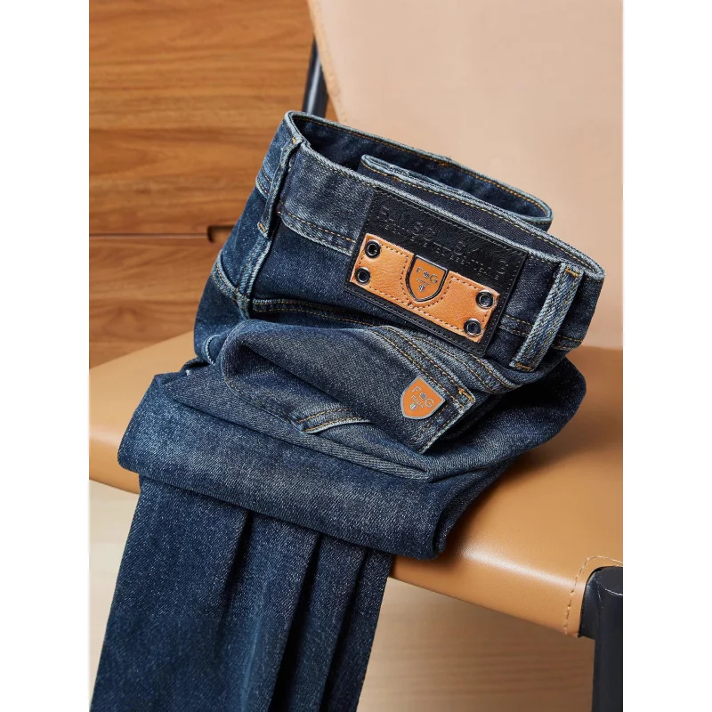 

Темно-синие мужские джинсы в стиле ретро, осенние и зимние повседневные трендовые легкие роскошные эластичные толстые брюки