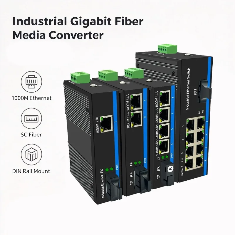 Industrial Gigabit Fiber Media Converter, DIN Rail Mount, Single Mode Single Fiber SC, 1/2/4/8 RJ45 Ports Ethernet Transceiver