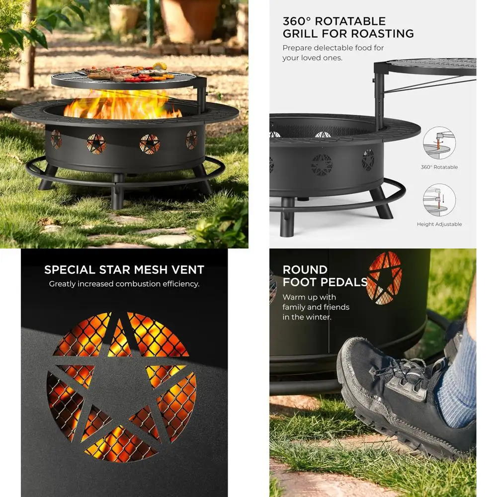 

Extra Large Heavy Duty Outdoor Wood Burning Fire Pit with BBQ Grill, Lid, and Poker for Backyard Entertainment