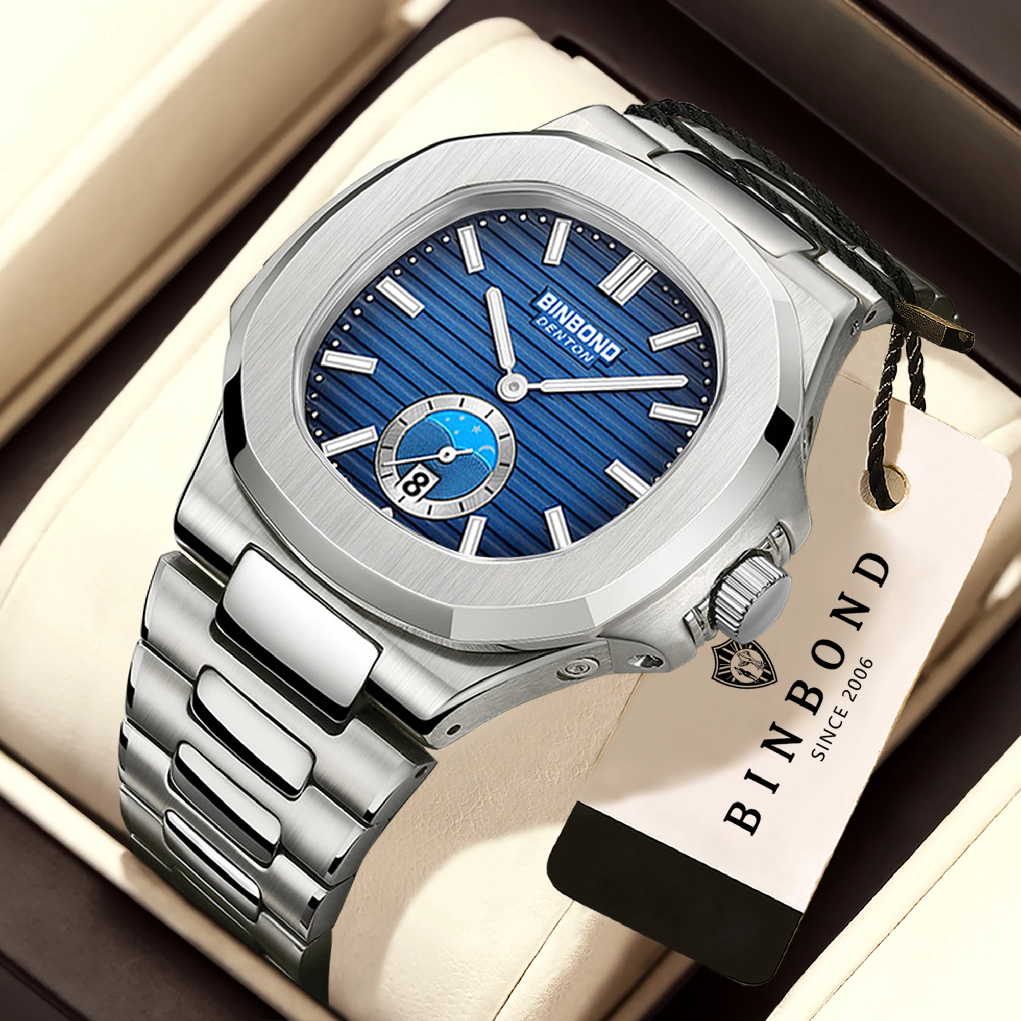 BINBOND Square Stainless Steel Strap Quartz Wristwatches For Men Luxury Luminous Waterproof Men's Watches Reloj Hombre Man Watch