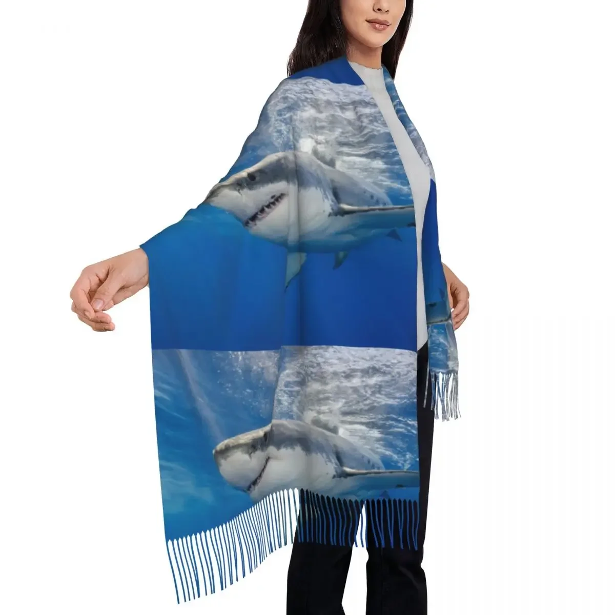 Personalized Printed White Shark Carcharodon At Guadalupe Island Mexico Long Pile Fringe Men Scarf Women'S Anti Chill 