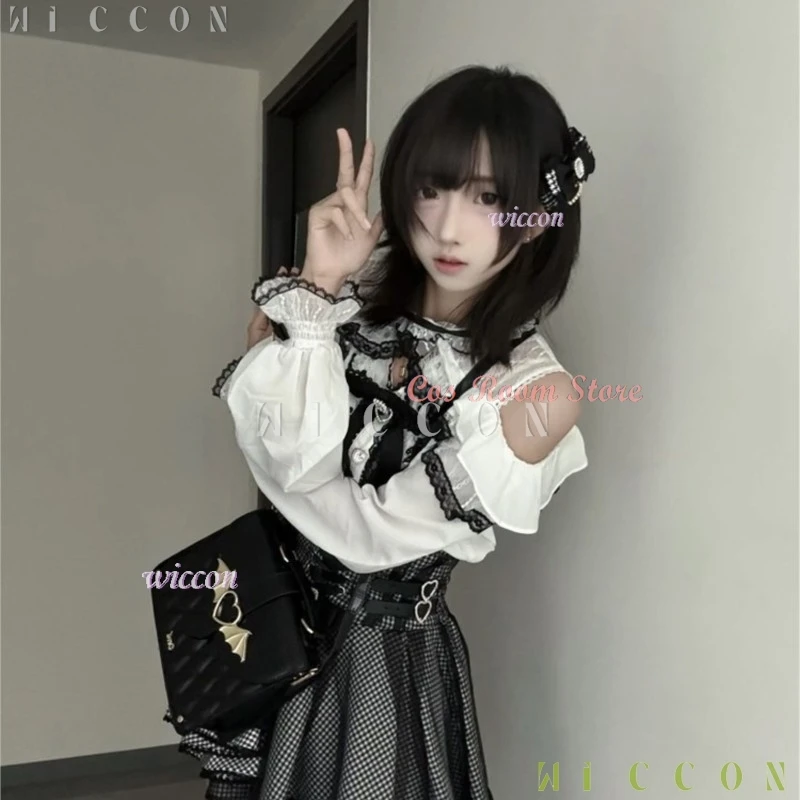 Fantasia Хэллоуин Jirai Kei наряд Лолита блузка для девочек облегающая короткая юбка с завязкой на талии галстук-бабочка с узором «гусиные лапки» Disfraz De Mujer
