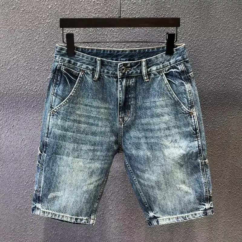 

Retro Hong Kong Sle Men's Cotton Denim orts Waed out Five-Pointed Loose Fit Summer Casual Workwear Trousers