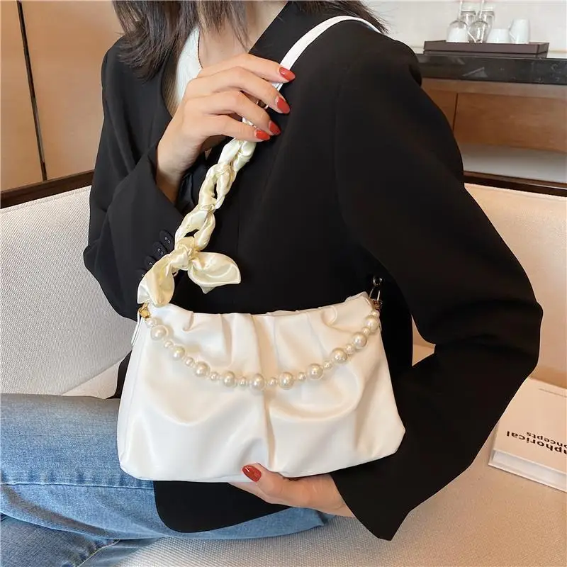 Fashion Pleated Crossbody Shoulder Bag Fashion Cloud PU Leather Small Handbags Purse Women Pearl Luxury Design Underarm Bags