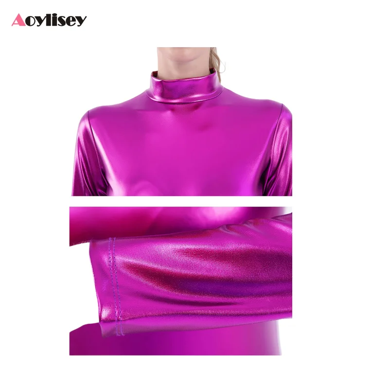 Pakaian dansa balet leher tinggi lengan panjang metalik berkilau dewasa bodysuit senam Leotards kostum pentas panggung jumpsuit