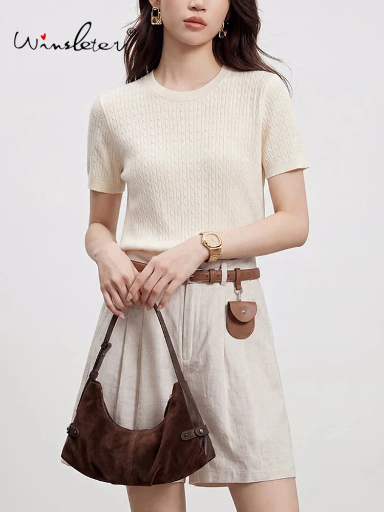 Winsleter-Wool Blended Elegant T-Shirt, O Neck Short Sleeve Solid, Women Basic Soft Versatile Knit Top, 2026 Autumn New T67411CC