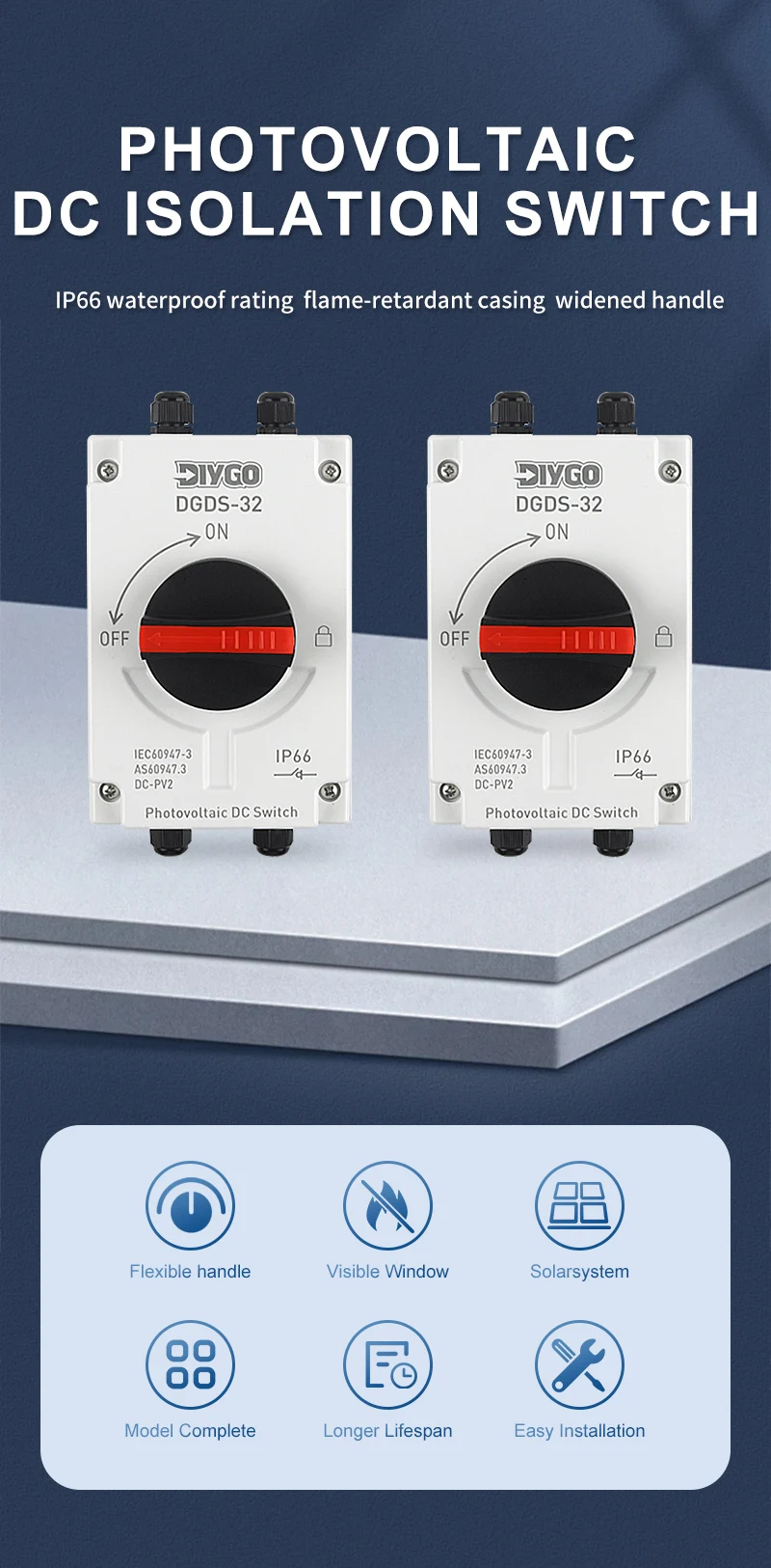 PV-DC-Drehschalter mit Drehgriff, IP66 wasserdicht, für Solarsysteme im Außenbereich, Trennschalter 32A 1200V – Detail 1