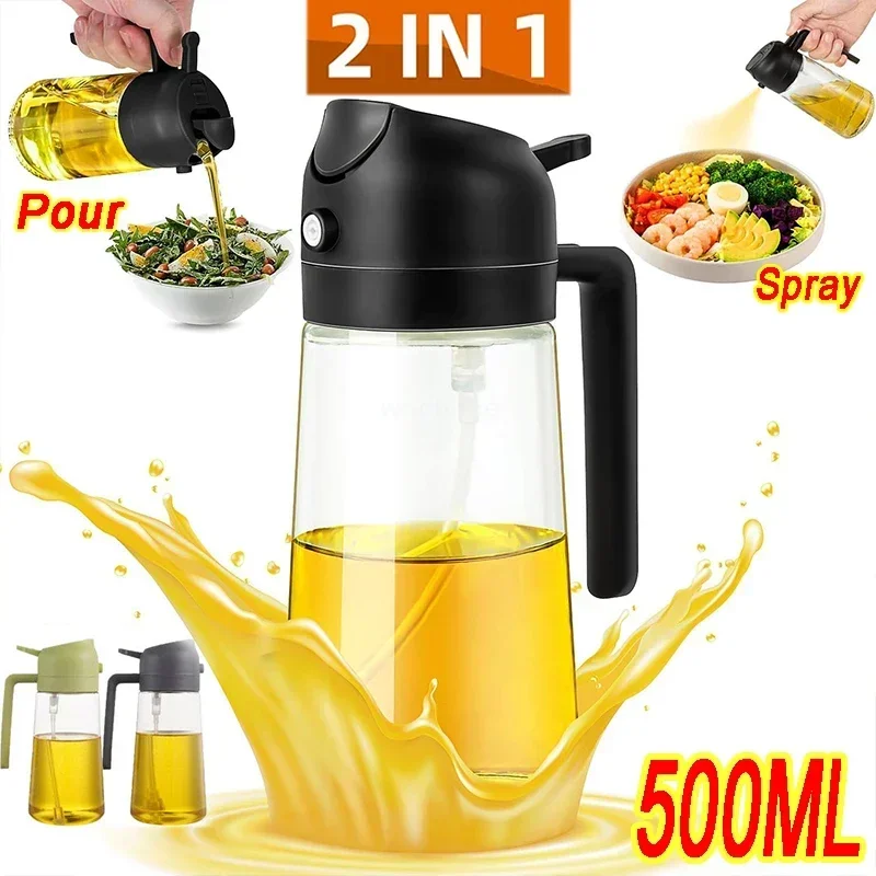 Pulverizador de óleo em spray de vidro 2 em 1, 500ml, garrafa, dispensador de óleo, galheteiro, churrasco, cozinha, assar, piquenique, ferramenta de cozinha