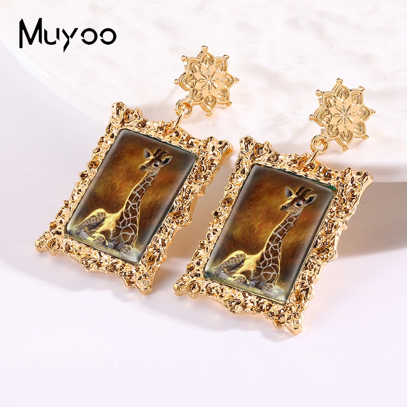 2024 New Arrival Fashion Funny Giraffe Handcraft Antique Golden Mandala Rectangle Dangle Earrings