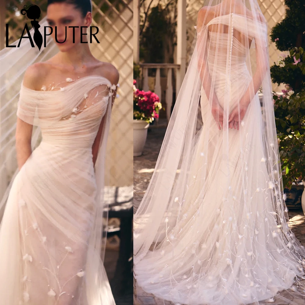 Floral Light Tulle Sheer Mermaid Bridal Wedding Dresses Ruching Neck Long Ribbon Illusion Beading Flowers Body Wedding Gown 2026