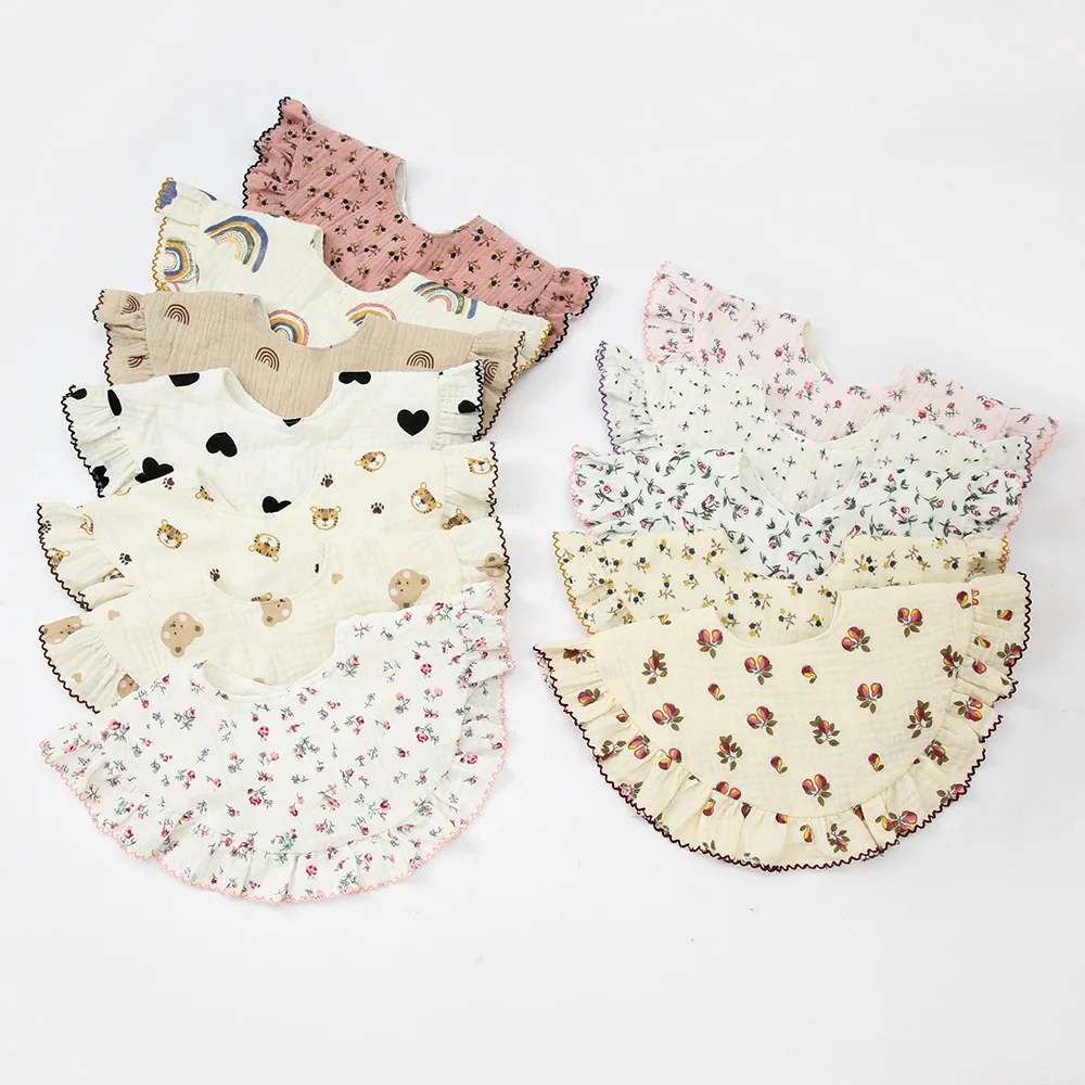 Flower Print Baby Bibs Adjustable Snap Saliva Towel Ruffled Edge Muslin Cotton Burp Cloths Rainbow A Grade Girls Feeding Scarf