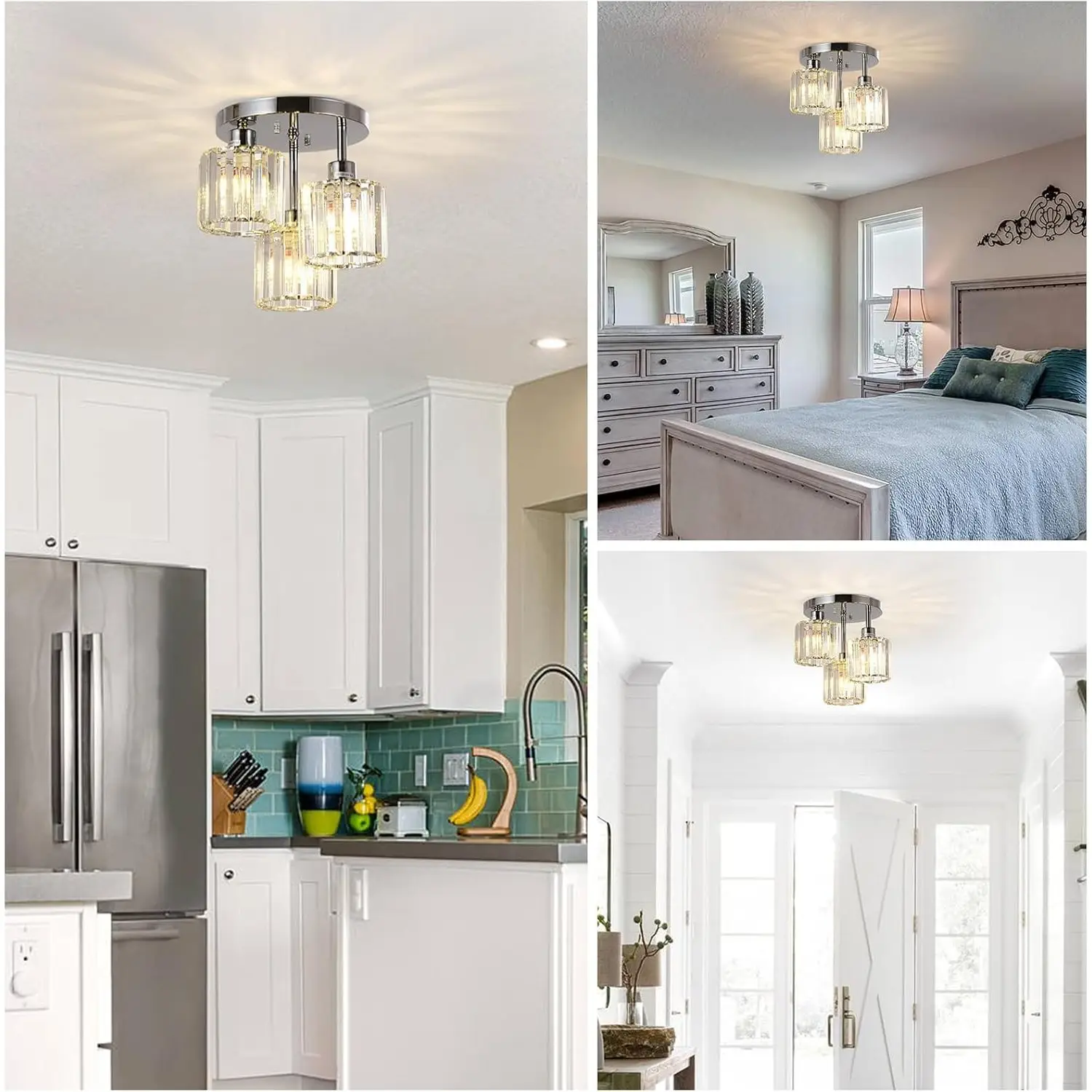 

Semi Flush Mount Ceiling,3-Light Kitchen Mount,Hallway Light Fixtures Ceiling with Clear Crystal Shades for Kitchen Entryway Bed