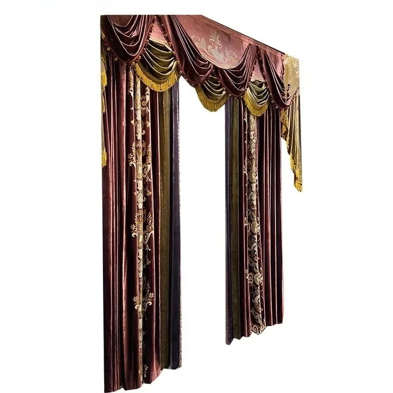 ヨーロッパの高級レッドベルベット刺繍遮光カーテンリビングルームベッドルームダイニンググレース装飾ロマンチックなカスタムサイズチュール