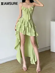 IAMSURE Beach Style Ruffles Solid Asymmetrical Dress Holiday Slash Neck Sleeveless Mini Dresses For Women 2024 Summer Fashion