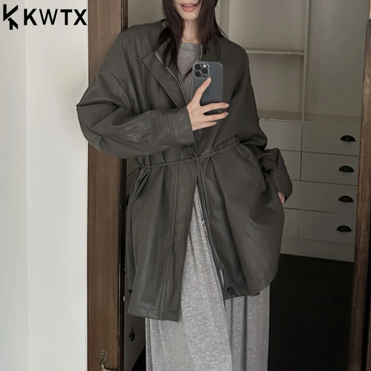 

KWTX Women's Spring Summer 2025 Leather Jacket Round Neck Belted Slim Fit Casual Light Luxury Chic Elegant Premium Quality