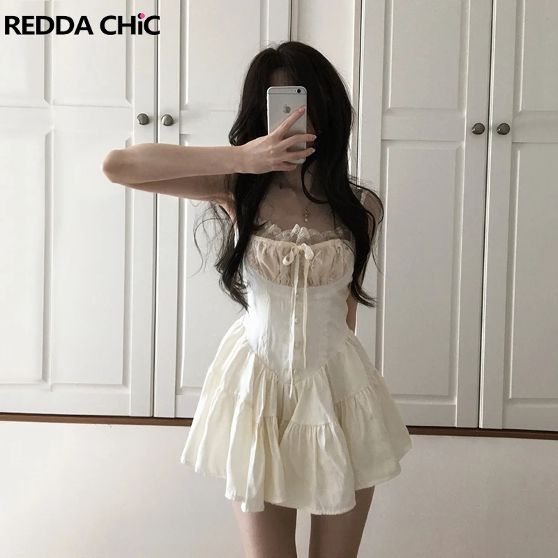 REDDACHiC Conquete Cream-white Rompers Summer Flowers Lace Corset Square Neck Button Down Cami Short Dress Retro Women Clothes