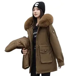 Winter Female Parkas 2024 New Detachable Inner Cotton Jacket Women's Thicken Fur Collar Hooded Coat Warm Snow Wear Long Parkas