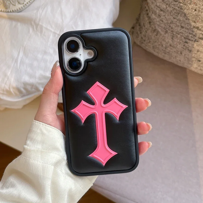 

Trendy Personality Modernity Gothic Cross Pattern Leather Case For IPhone 16 15 14 13 Pro Max Skin-friendly Full-Protector Cover
