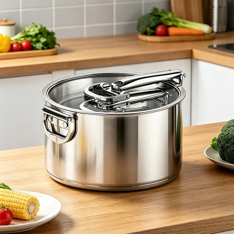 6-Layer stainless steel soup pot set with glass cover space-saving stackable three-piece soup pot set foldable handle