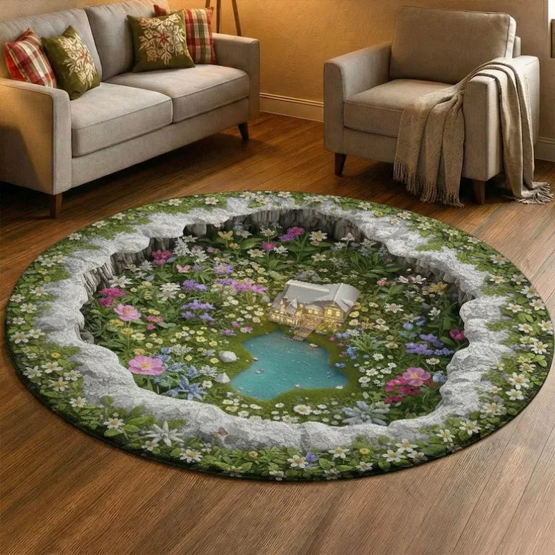 

Круглый ковер 2D Fantasy Spring Garden с иллюзией озера и пещерного дома, мягкий нескользящий напольный коврик с природным цветочным узором для гостиной и спальни