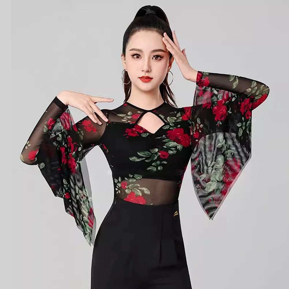 Damskie bluzki do tańca latynoamerykańskiego na występy, koszulki do tańca towarzyskiego, trykoty, bluzki z długim rękawem do walca, nowoczesne stroje taneczne, kostiumy, 2025