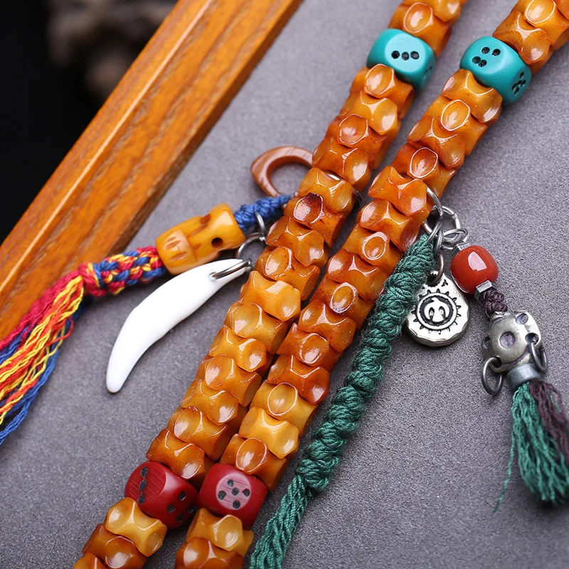 Necklace Bracelet, Yak Bone Carving, Dragon Spine Design, 108 , Buddhist Prayer Beads, Three-Way Copper Clasp, Bo